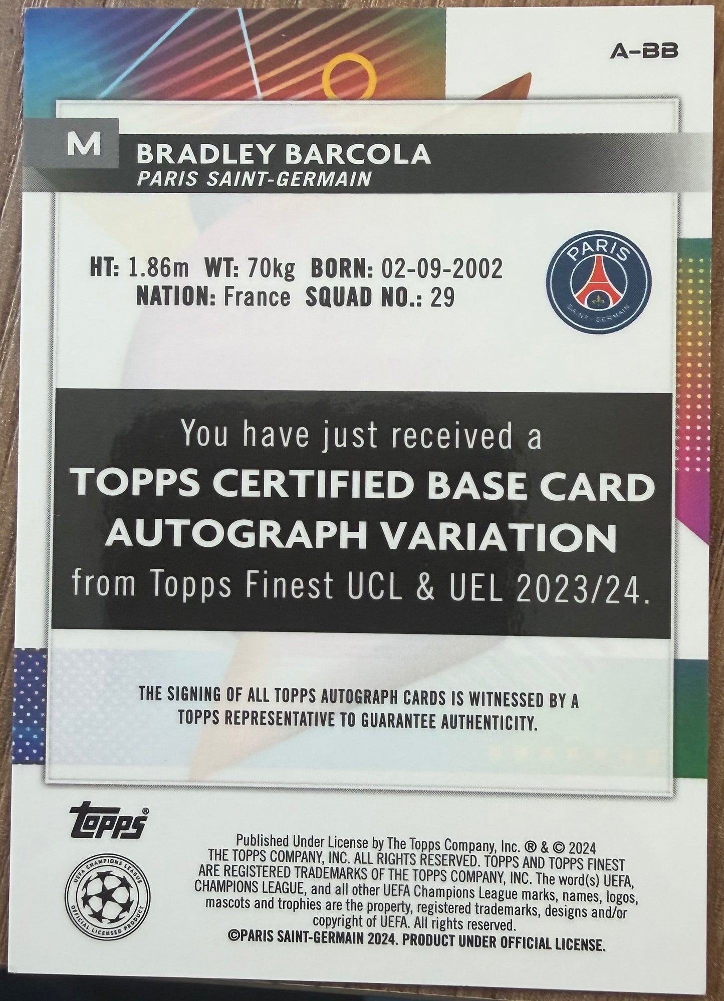 Bradley Barcola RC Auto Topps Finest UCL 2023/24