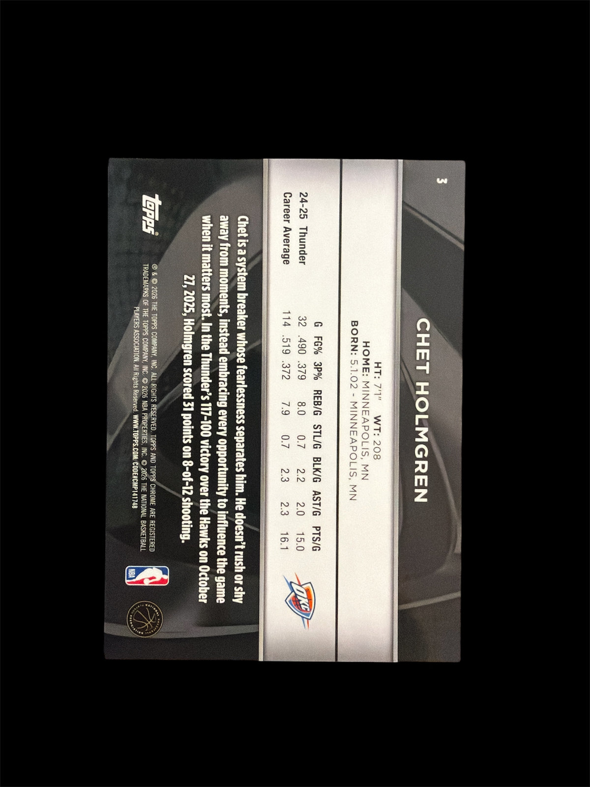 Chet Holmgren /15 Topps Chrome Black NBA 2026