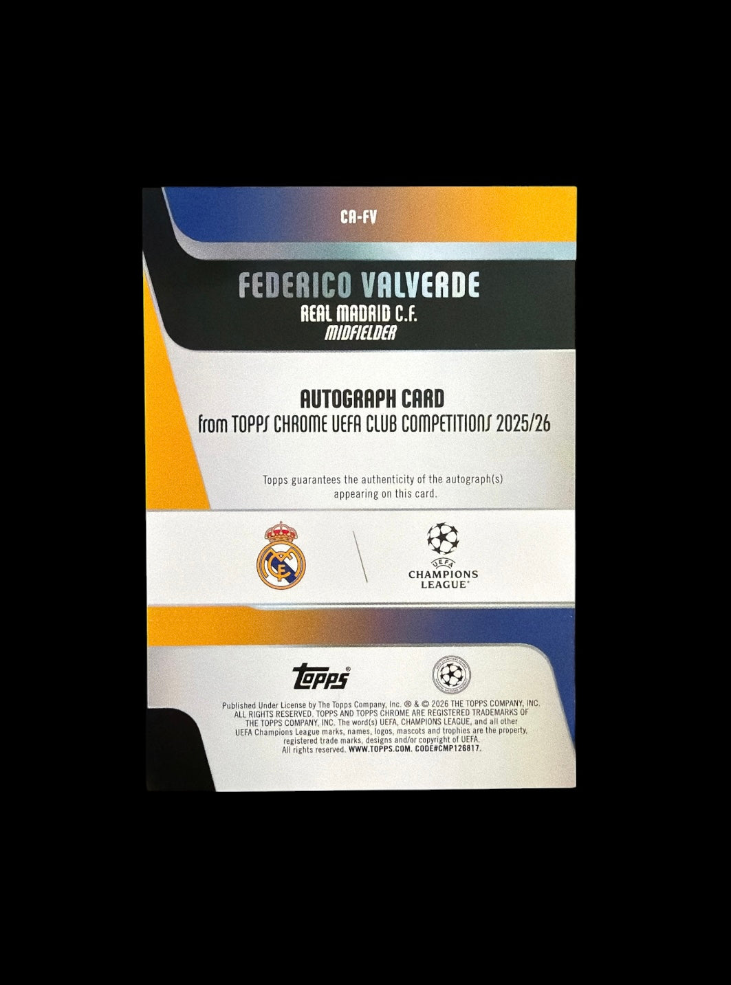 Federico Valverde Auto /75 Topps Chrome UCC 2025/26