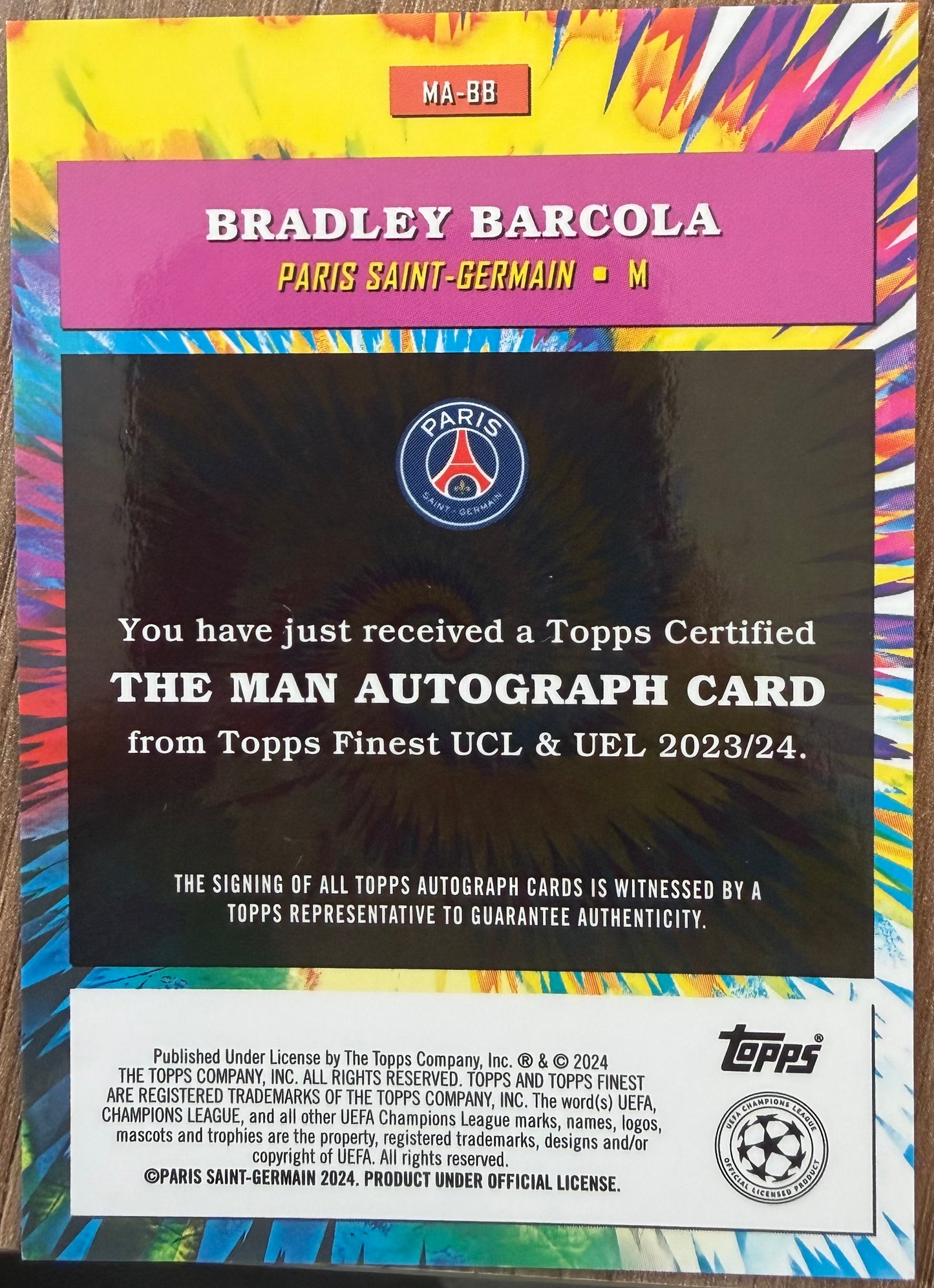 Bradley Barcola RC The Man Auto Topps Finest UCL 2023/24
