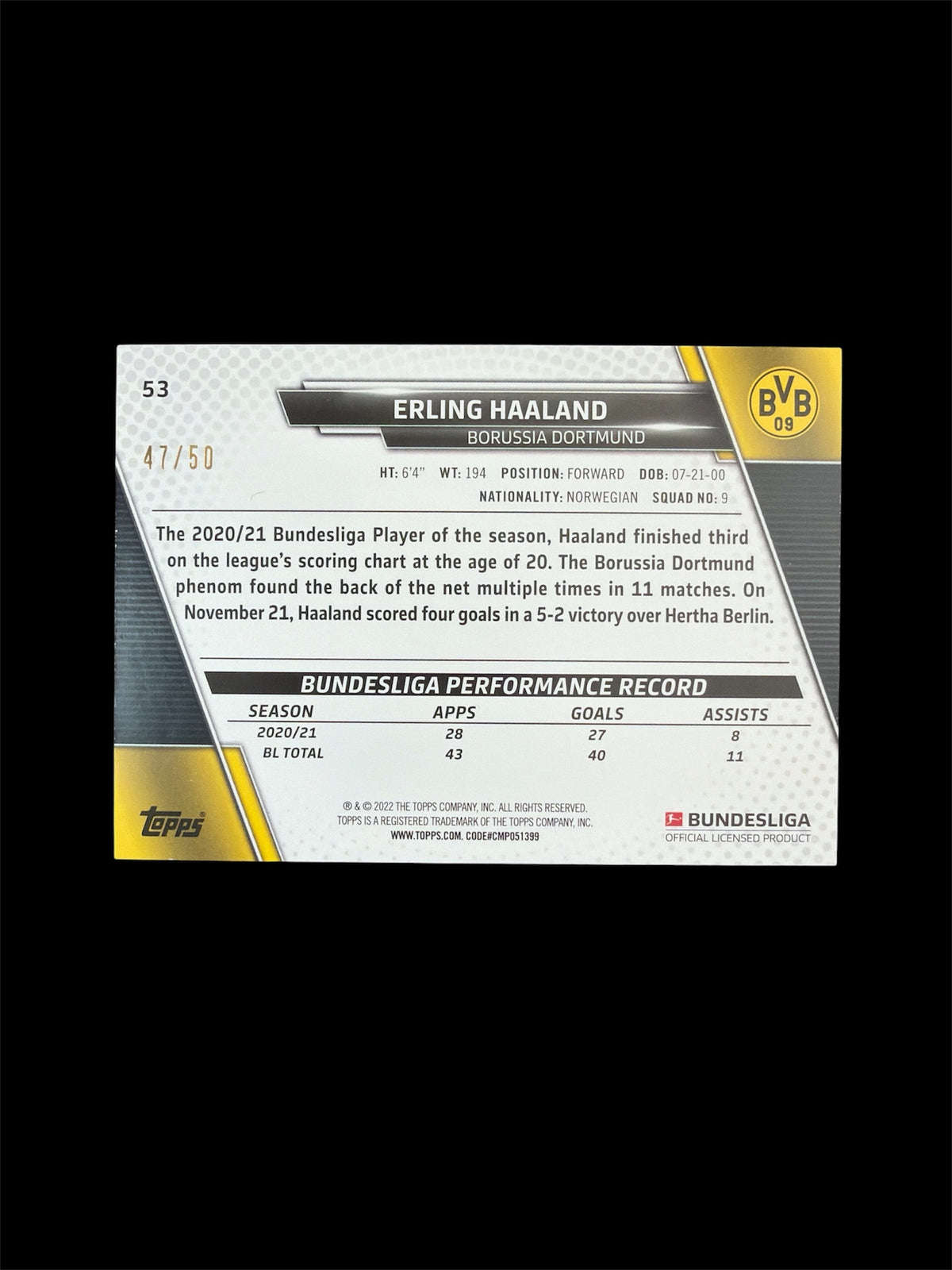 Erling Haaland /50 Topps Flagship Bundesliga 2022