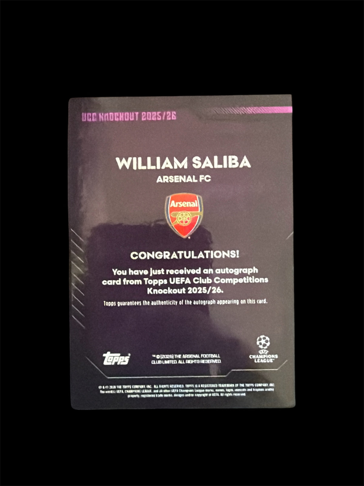 William Saliba Auto /50 Topps UCC Knockout 2025/26