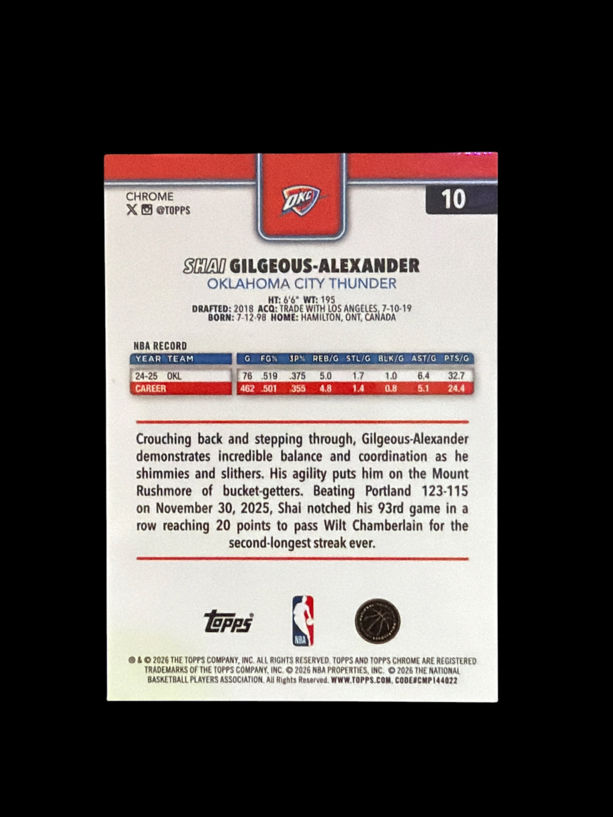 Shai Gilgeous-Alexander /150 Topps Chrome NBA 2026
