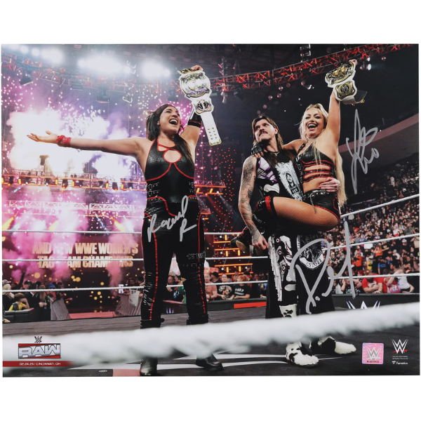 Liv Morgan, Raquel Rodriguez, & Dominik Mysterio The Judgment Day WWE Autographed 16" x 20" Raising Tag Team Titles Celebration Photograph
