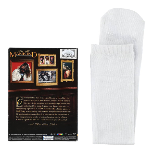 Mick Foley – Signiertes "For All Mankind" DVD & Mr. Socko Handpuppe Set (2 Autogramme) – JSA COA (x2) – WWE Legende